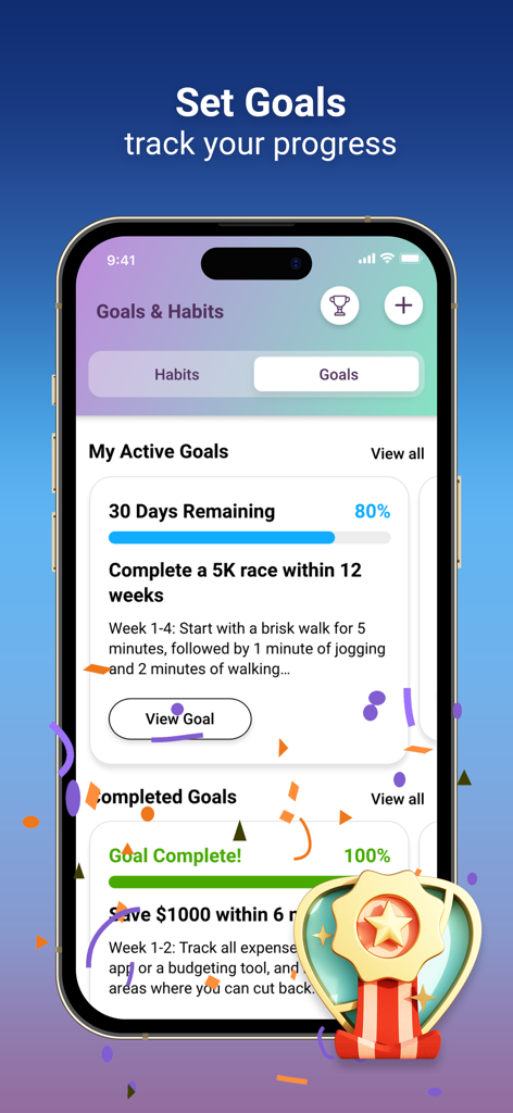 Me: Motivation & Wellness - A mobile app interface for setting and tracking wellness goals with progress bars and habit monitoring