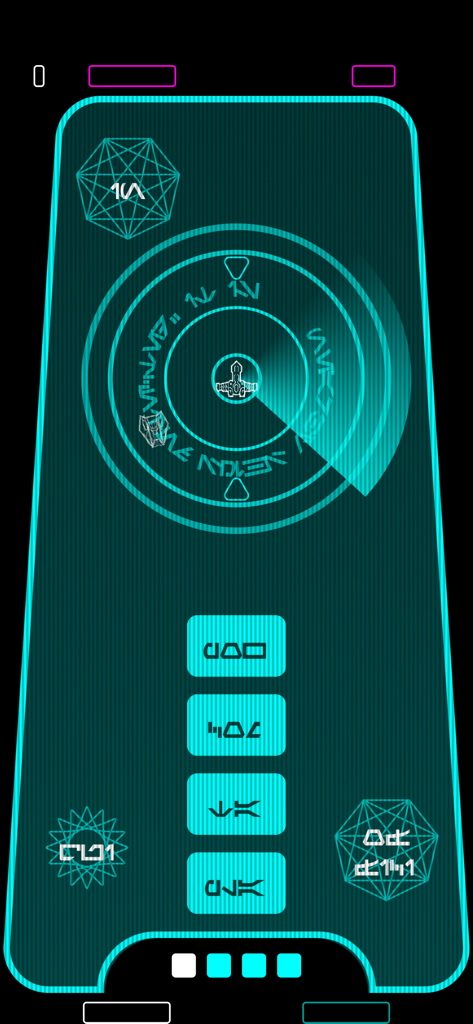 Interface de usuário de ficção científica ciano interativa com script alienígena e um display de radar central