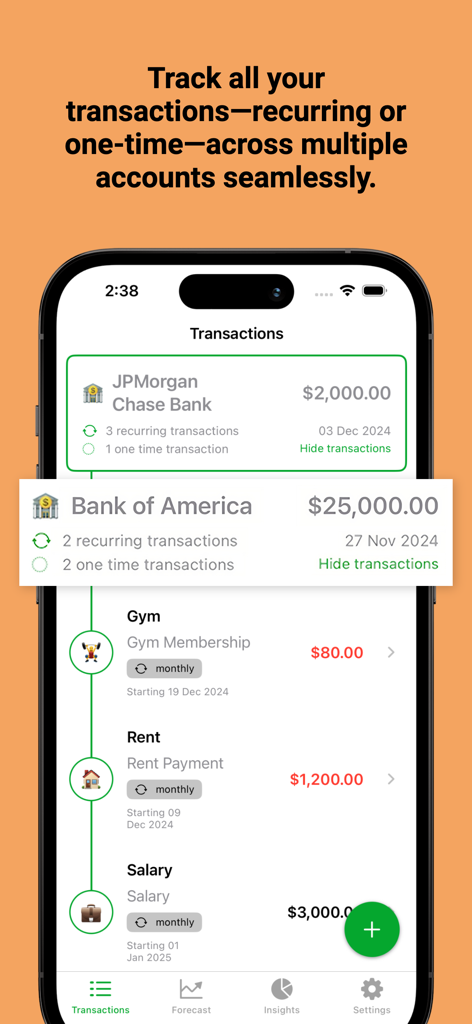 Screenshot di iPhone dell'app Money.io che mostra il monitoraggio delle transazioni per i conti JPMorgan Chase e Bank of America
