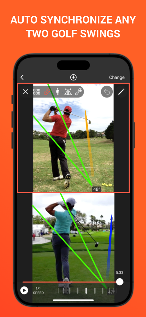 Side-by-side comparison of two golf swings with synchronized video and swing plane analysis lines in the Swing Profile app.