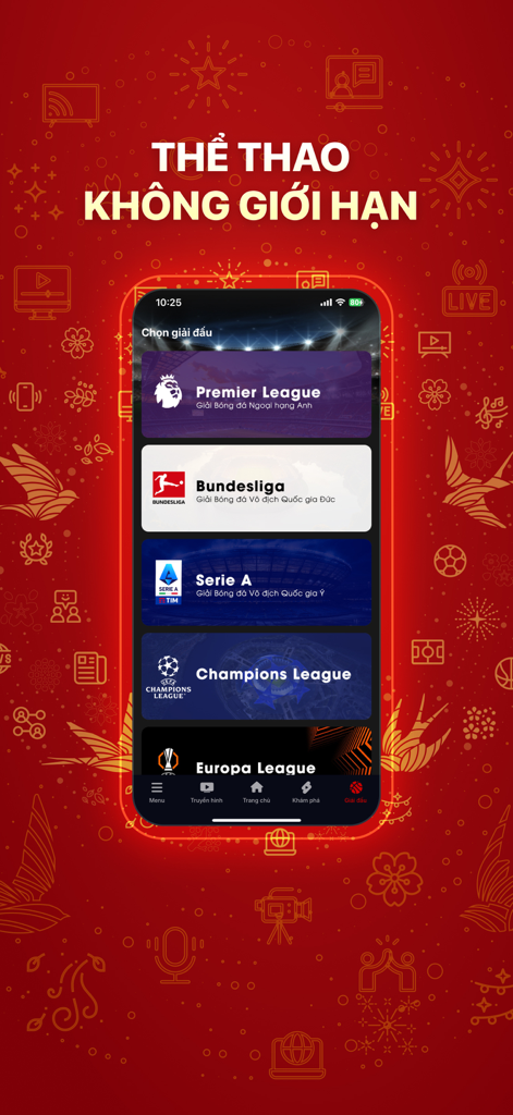 VTVcab ON - Giải trí bất tận - VTVcab ON App-Bildschirm mit großen Fußball-Ligen wie der Premier League und Champions League für das Live-Streaming