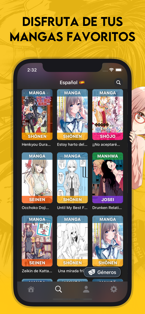 Mango Manga app interface displaying a library of comics in Spanish
