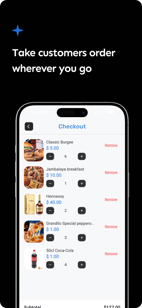 Écran de paiement de l'application mobile Posa montrant une liste de commandes avec prix et quantités