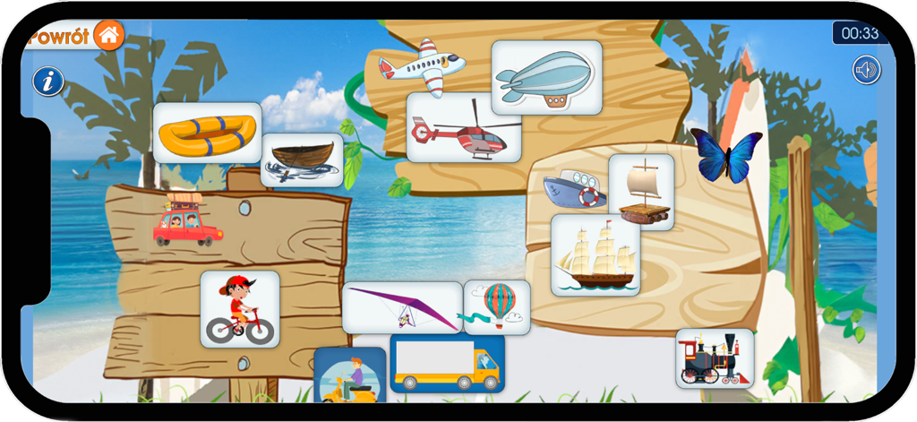 Kreatywny Brzdąc 01 - Toddler educational game screen with transport vehicle icons and a tropical beach background