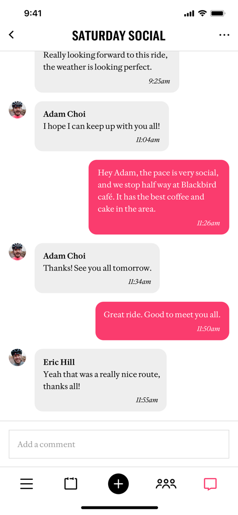 Rapha Cycling Club app chat screen showing members coordinating a social ride