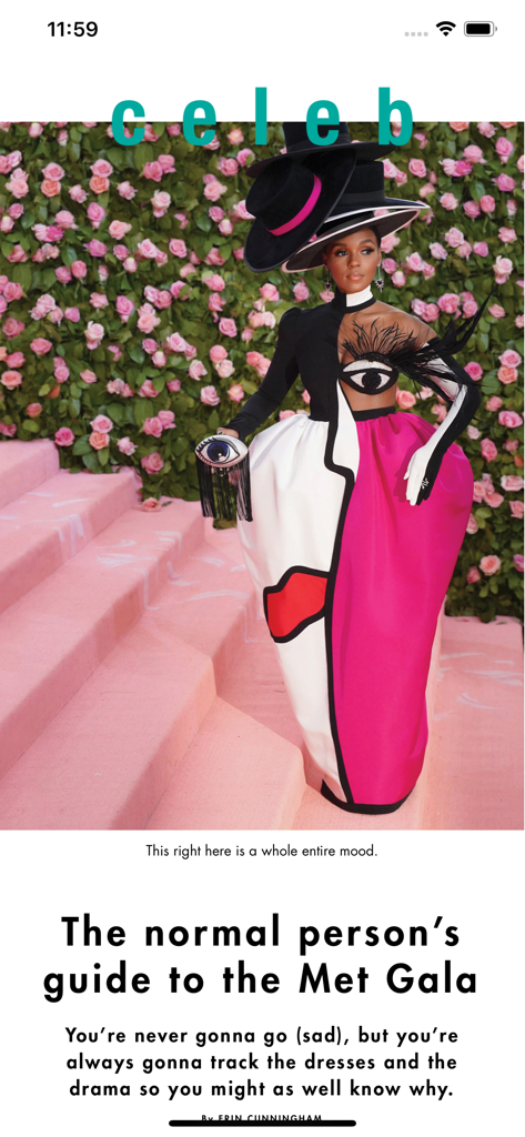 Cosmopolitan magazine app showing a celebrity fashion guide for the Met Gala