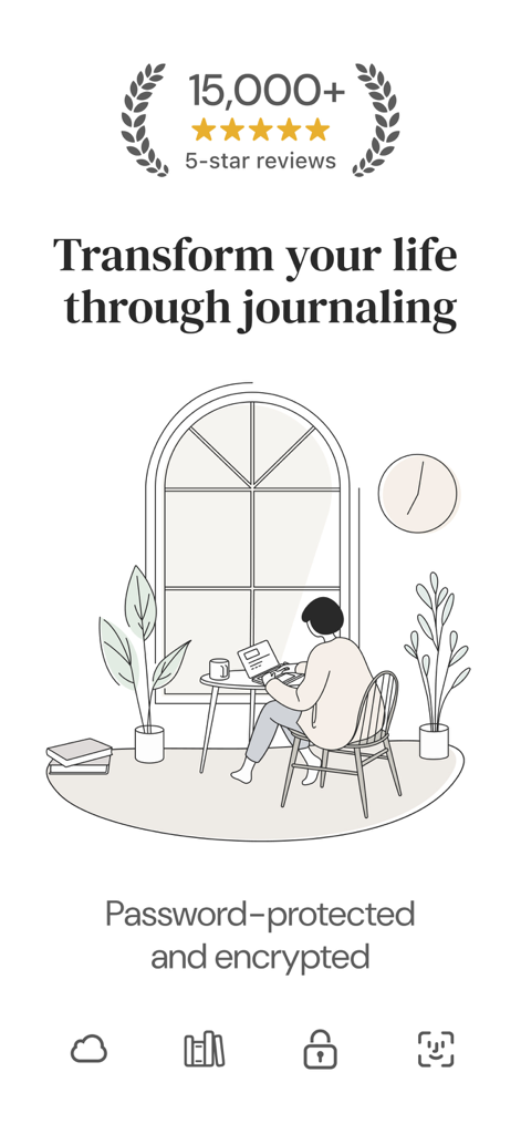 Diarly: Diary, Private Journal - Promotional graphic for Diarly app showing 15000 plus five star reviews and privacy features like encryption and password protection