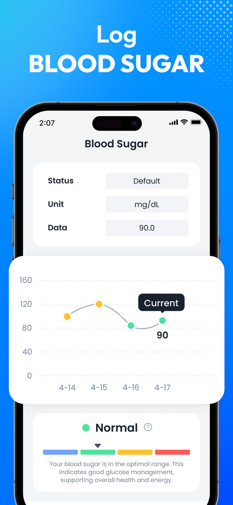 Blood Pressure App-BP Tracker - A mobile interface showing blood sugar logging with a glucose trend line chart and a normal range health status indicator.