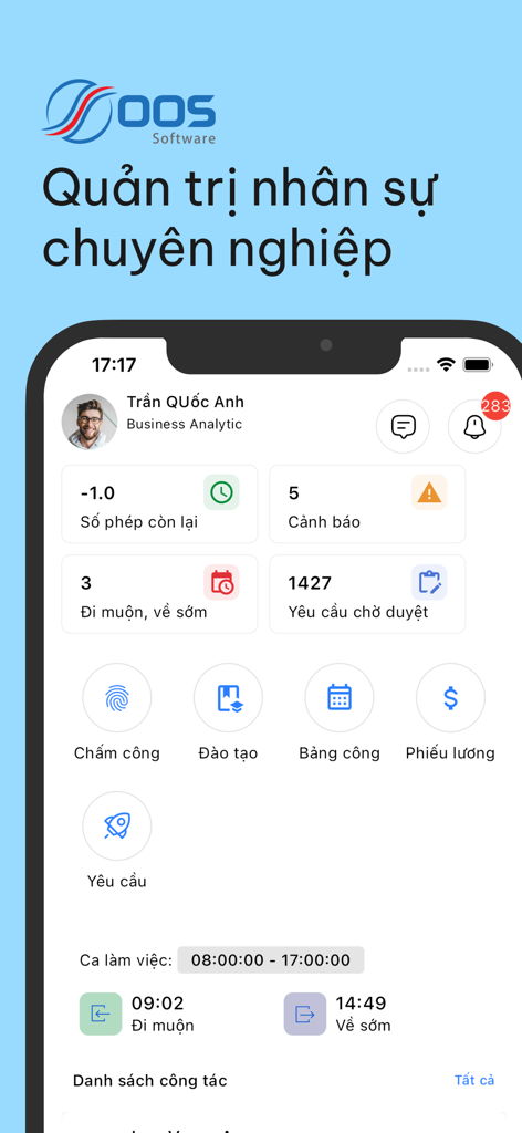 Humax - Tableau de bord de l'application RH Humax affichant les métriques du profil de l'employé et les boutons d'accès rapide pour la paie et la présence