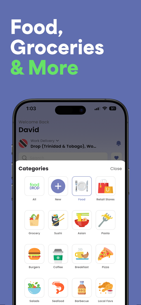 foodDROP mobile app interface showing categories for food and grocery delivery in the Caribbean.