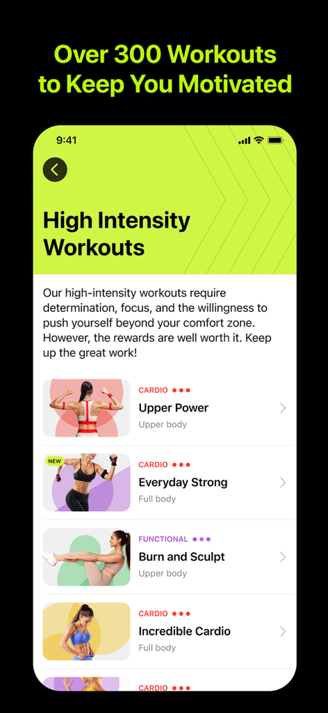 Home Workout Planner - FitFlow - Pantalla de la aplicación FitFlow que muestra una biblioteca de entrenamientos de alta intensidad en casa, incluyendo Upper Power y Incredible Cardio