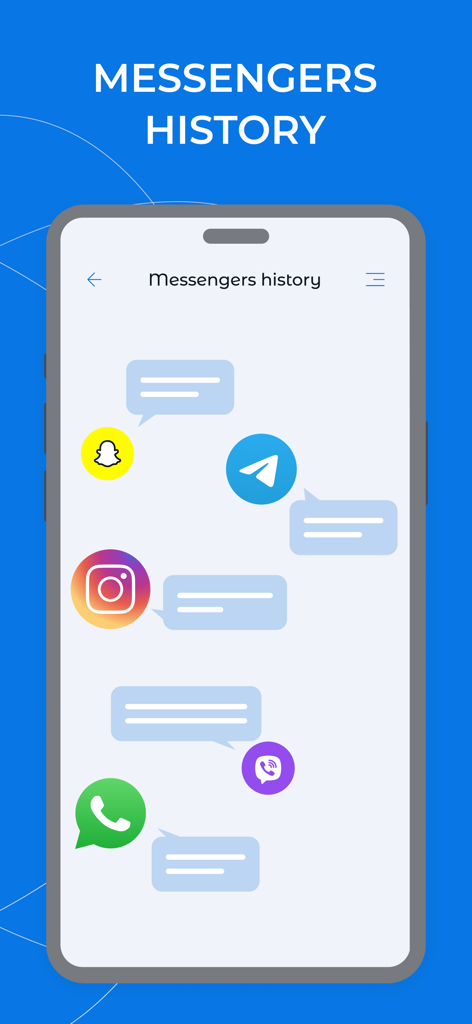 Captura de pantalla que muestra el monitoreo del historial de mensajería para WhatsApp, Instagram, Snapchat y Telegram en la aplicación de control parental Kroha