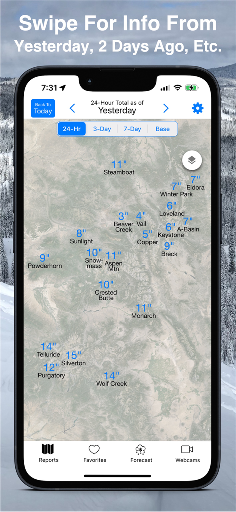 Colorado Snow Map & Webcams - Mobile app screen showing a map of Colorado with 24-hour snowfall totals for various ski resorts