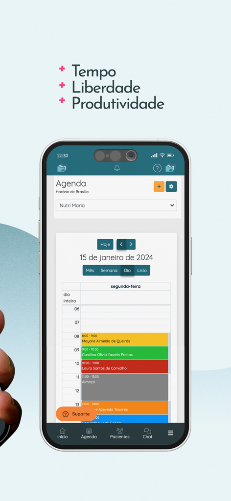 Numax Mobile App-Oberfläche, die einen täglichen Patientenplan und eine klinische Verwaltungsagenda für medizinisches Fachpersonal anzeigt.