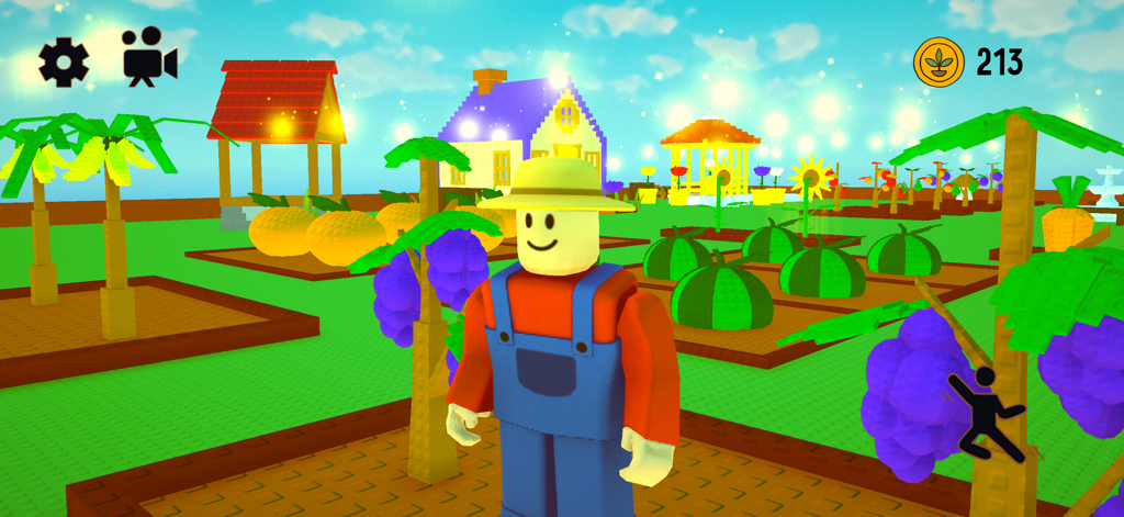 Farm 3D — Garden Game - Un personnage fermier bloc deY debout dans un jardin 3D vibrant avec des citrouilles et des raisins.