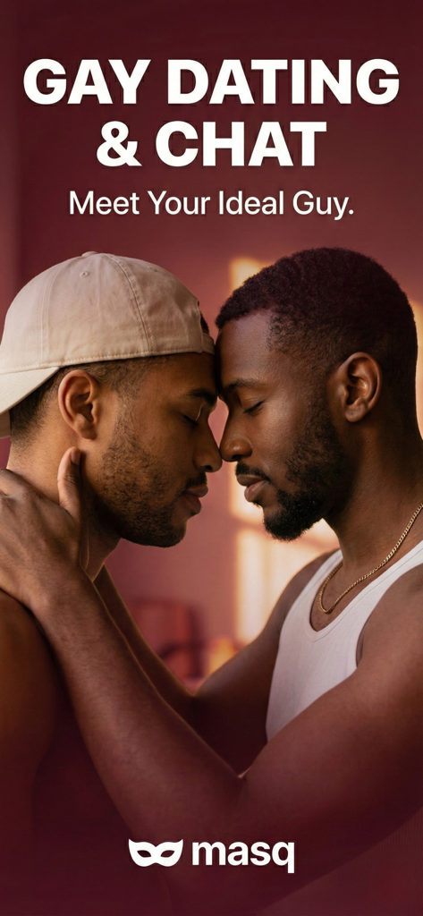 MASQ: AI Gay Dating & Chat - Two men in an intimate pose with the text Gay Dating and Chat Meet Your Ideal Guy and the Masq logo