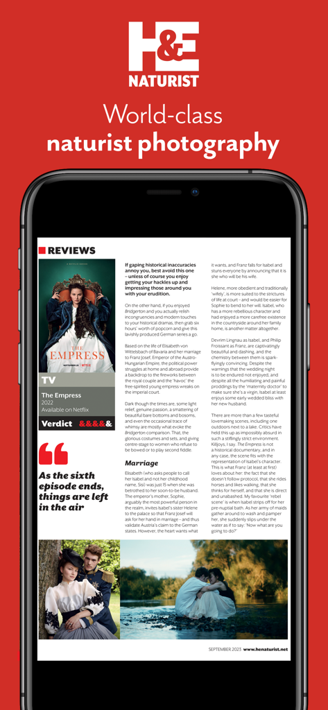 A smartphone displaying a digital magazine page from H&E Naturist with a review of the TV show The Empress.
