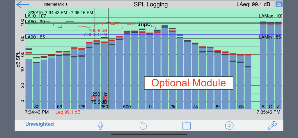 AudioTools, dB, Sound & Audio - AudioTools app showing professional SPL logging with a real-time decibel frequency graph