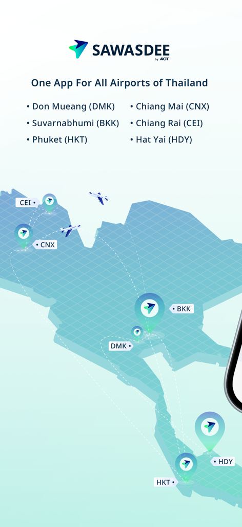 A map of Thailand pinpointing major airports like Suvarnabhumi and Phuket covered by the SAWASDEE by AOT app.