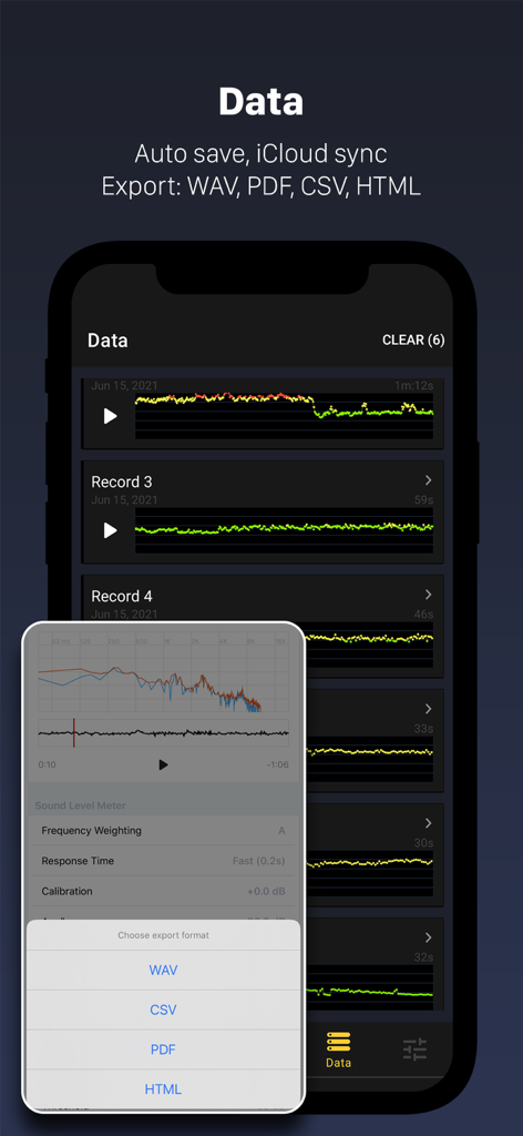 Decibel X app showing sound level history records and data export options for WAV CSV PDF and HTML