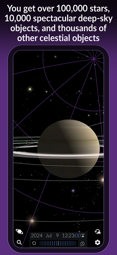 The Sky Pro by Redshift - A detailed 3D model of Saturn with its rings displayed in the night sky interface of The Sky Pro app.