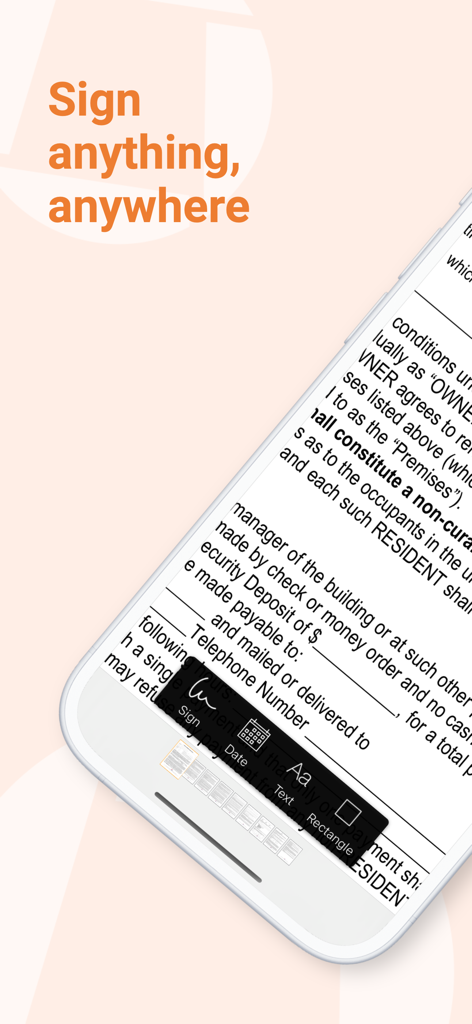 Genius Sign: PDF doc signature - Genius Sign 앱 인터페이스를 보여주는 스마트폰으로, 디지털 문서에 서명, 날짜 기입 및 텍스트 추가 옵션이 표시됩니다.