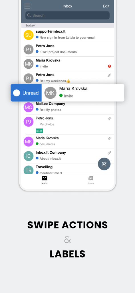 inbox.lt - Screenshot of inbox.lt mobile app showcasing swipe actions and email labels.