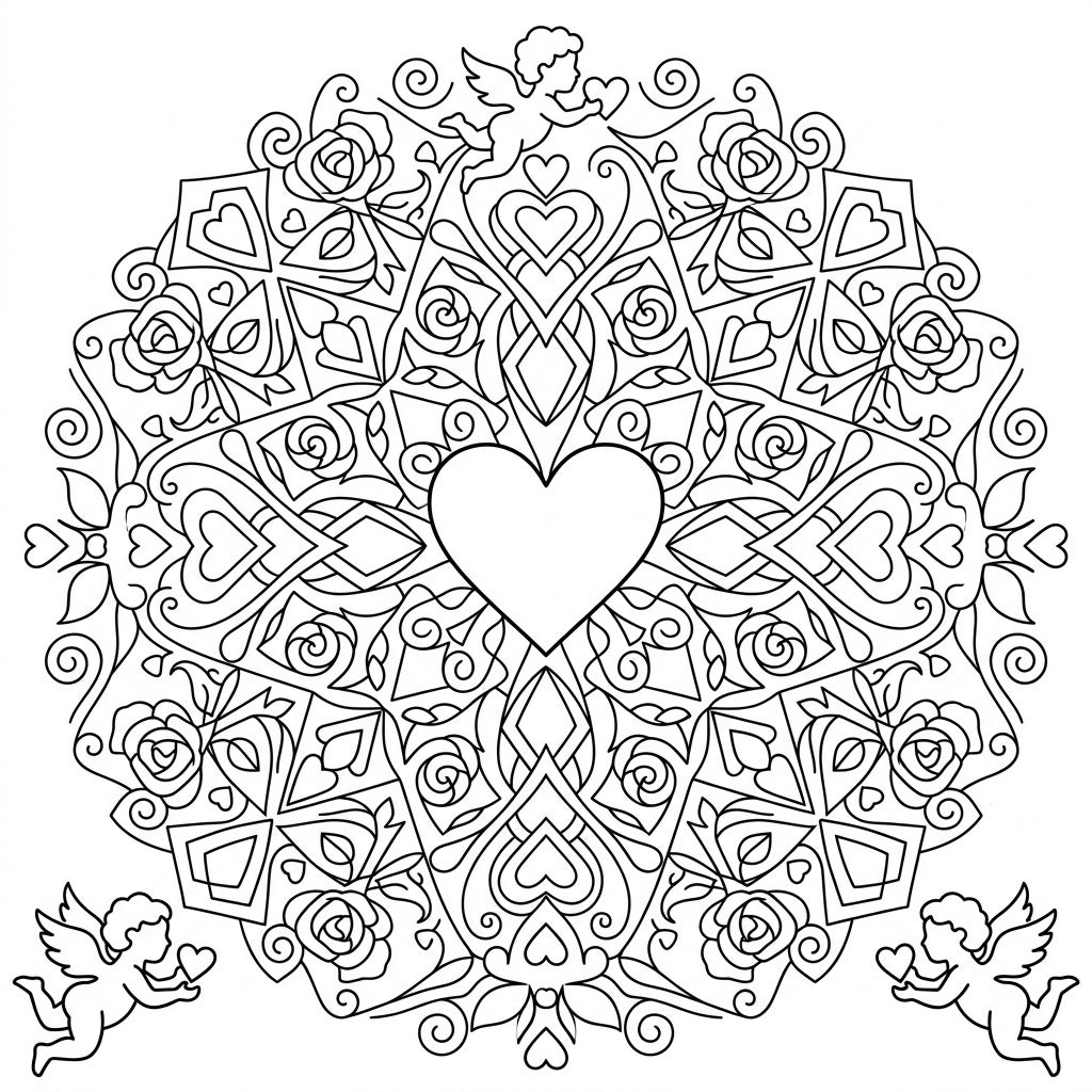 Valentine's Day Mandala Coloring Page - Hearts & Cupids — Color Pop