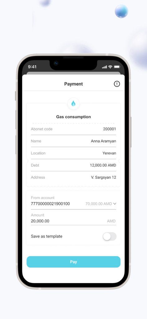 AMIO Mobile - A screen within the AMIO Mobile app showing a gas utility payment form for a location in Yerevan.