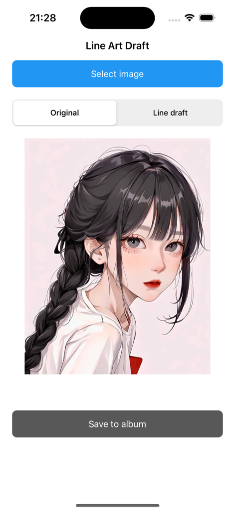 Line Art Draft - Line from Pic - Oberfläche der App Line Art Draft zeigt das ursprüngliche Anime-Mädchenbild vor der Konvertierung.