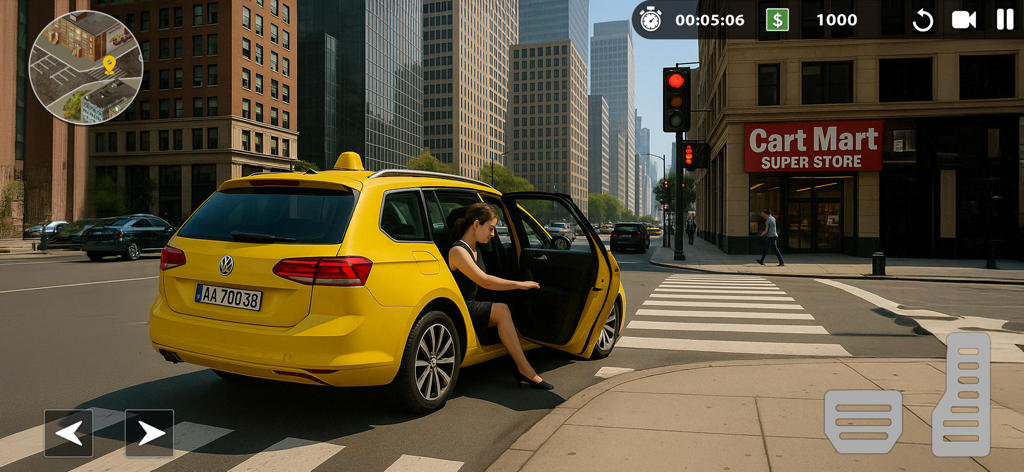 Taxi Driver Car Driving Games - Yellow taxi car picking up a passenger in a city simulation game