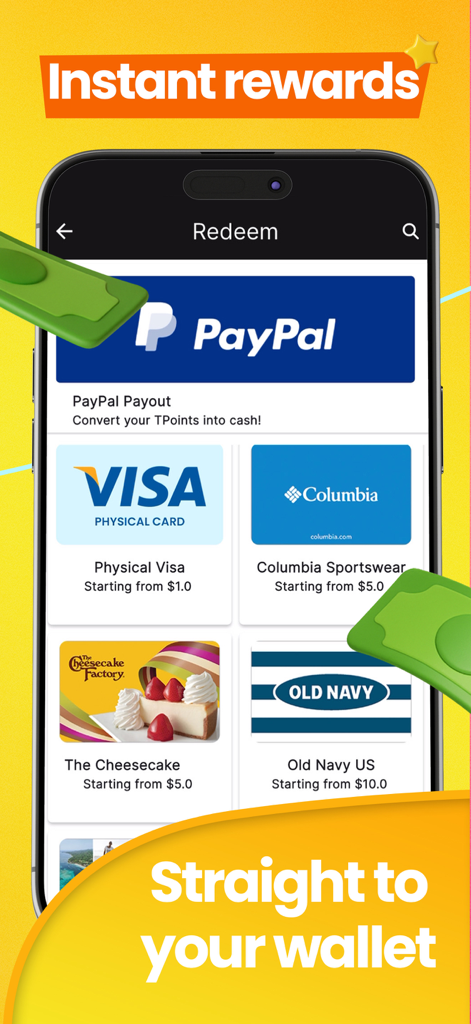 Tyr Rewards-Survey & Gift Card - Tyr Rewards app screen showing various gift card redemption options including PayPal, Visa, and popular retailers