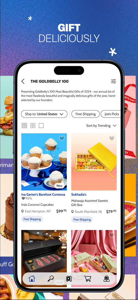 Goldbelly: Ship Food & Gifts - Goldbelly mobile app displaying a curated selection of premium food gifts including cupcakes and assorted sweets boxes.