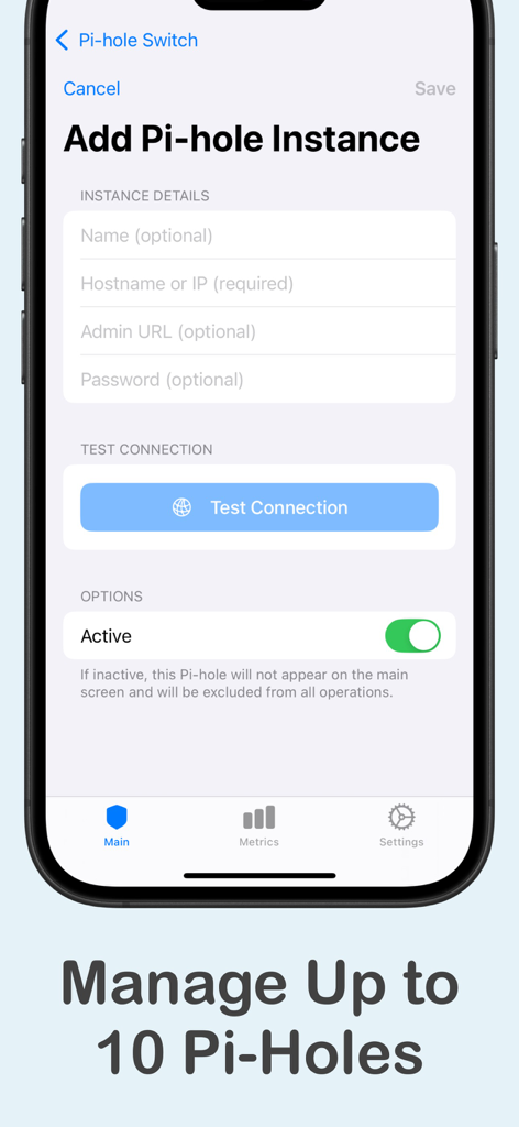 Pi-hole Switch Pro - Screen showing the process to add a new Pi-hole instance with hostname and connection test fields