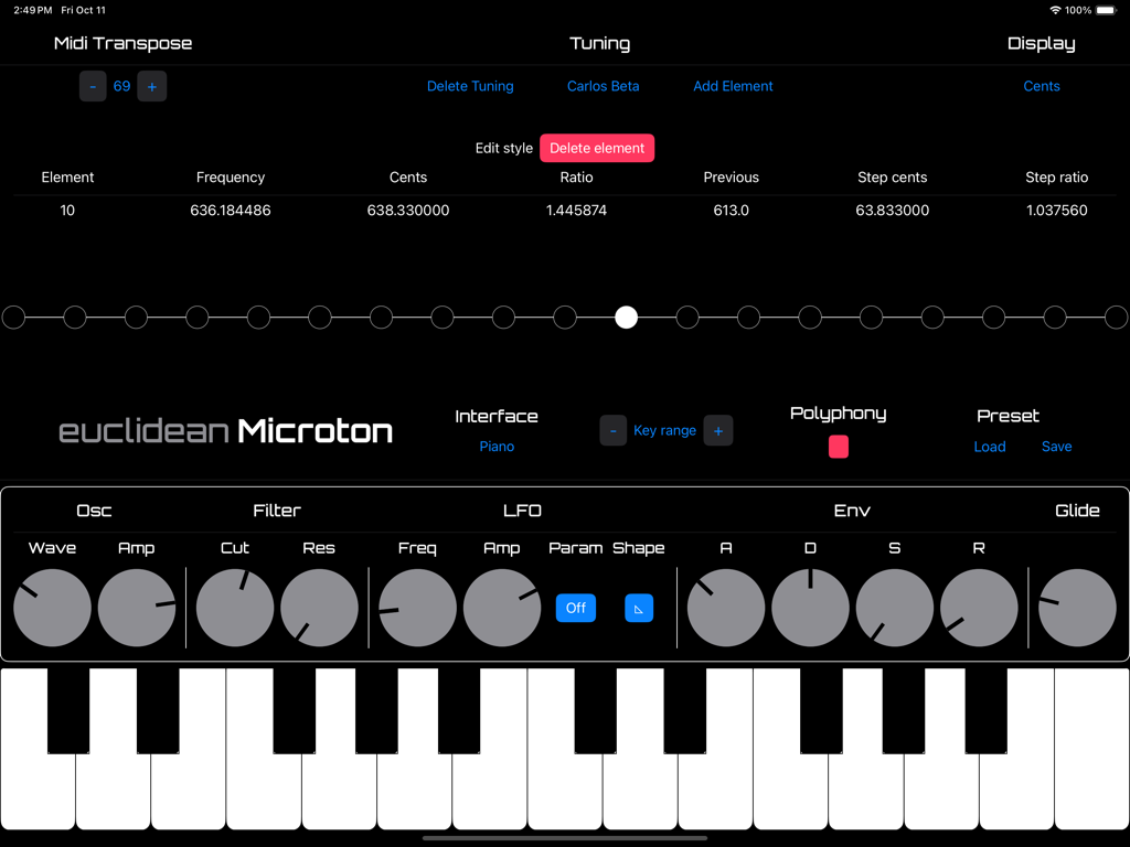 Interfaz del sintetizador analógico virtual Microton que presenta una tabla de afinación y controles del motor de sonido