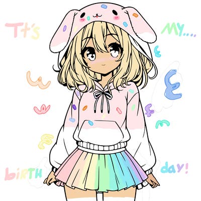 pretty anime girl wearing a fluffy hoodie with bunny ears on the hood and a skirt