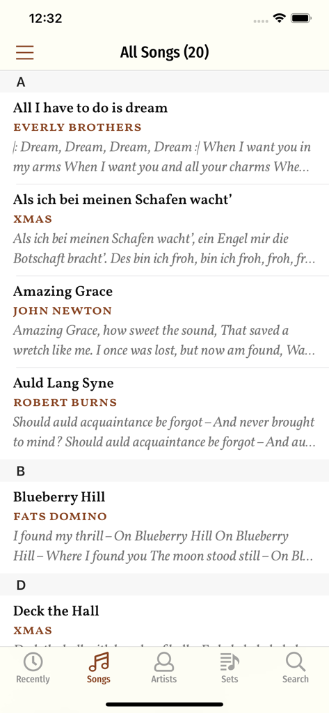 Song Book Pro - A screenshot of the Song Book Pro app showing a library of songs organized by title.