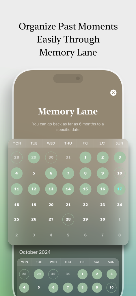 Calendar interface of the SwipeNow app showing the Memory Lane feature to organize past photos.