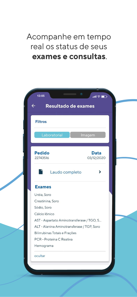 Hcor - Hcor mobile app interface showing medical exam results and laboratory test reports