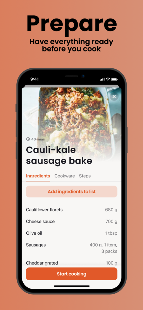 Cook: Cooklang recipe app - A smartphone screen showing the ingredients list for a Cauli-kale sausage bake recipe with precise weight measurements in grams and tablespoons.