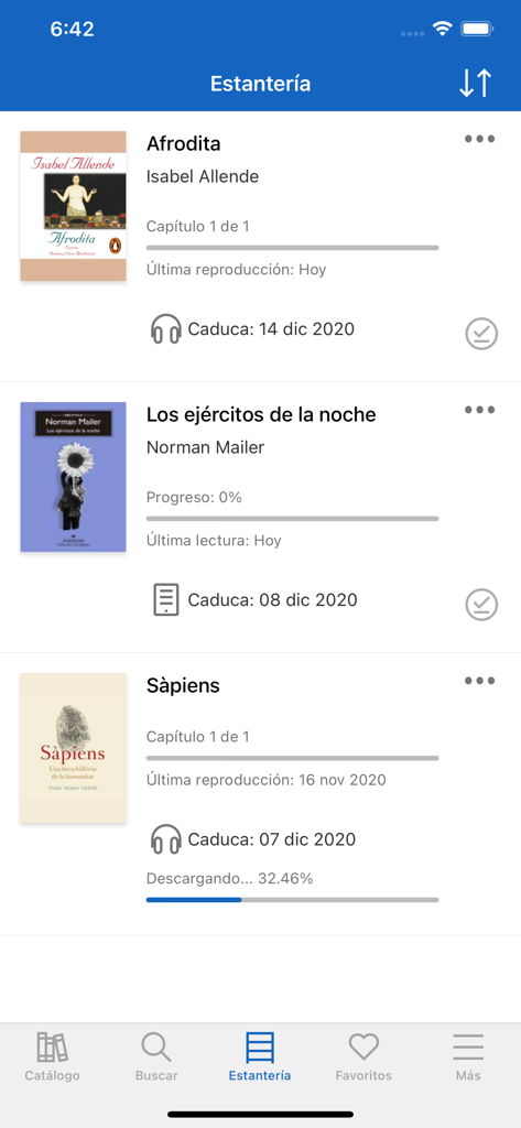 Interface of Biblio Digital app showing a user shelf with borrowed ebooks and audiobooks including titles by Isabel Allende and Norman Mailer