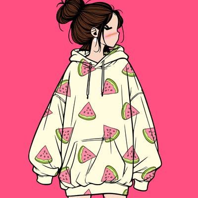 realistic girl with a oversized sweatshirt on and a bun