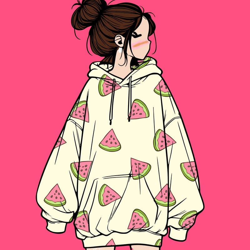 realistic girl with a oversized sweatshirt on and a bun