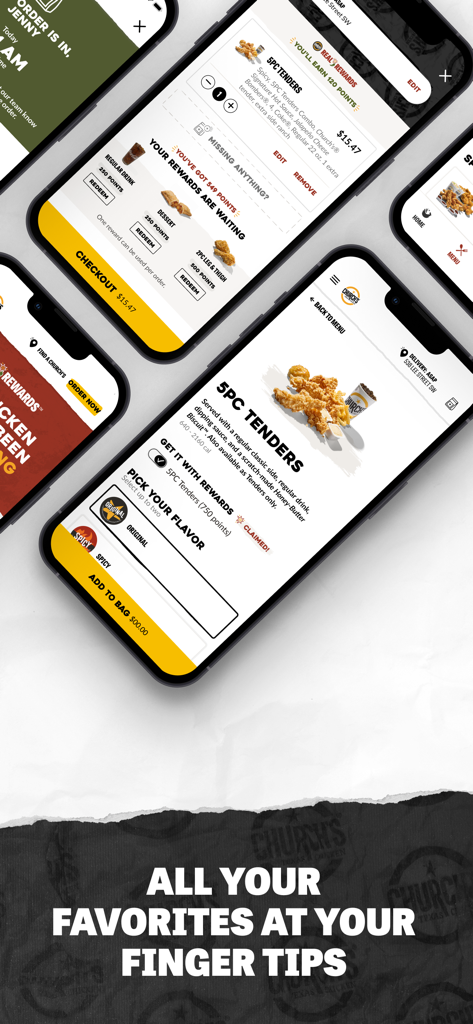 Church's Texas Chicken® - Multiple smartphone screens displaying the Churchs Texas Chicken app with food ordering and rewards features