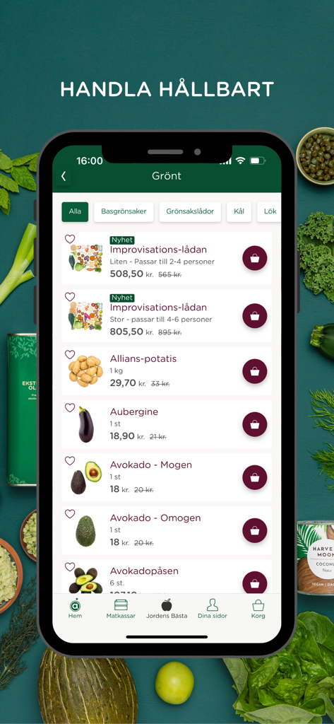 Årstiderna - Ekologisk mat - Mobile app interface showing organic vegetables and meal boxes for sustainable shopping