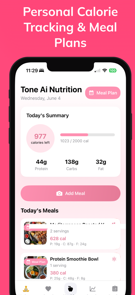 A mobile app screen for Tone AI Nutrition showing calorie tracking, macronutrient summary, and a daily meal plan.