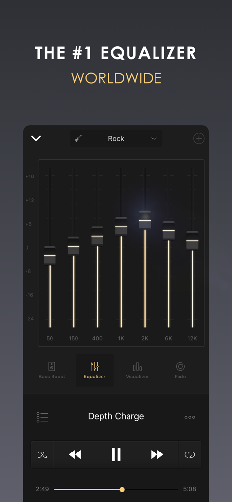 Equalizer Plus HD music player interface featuring a 7-band equalizer and rock preset