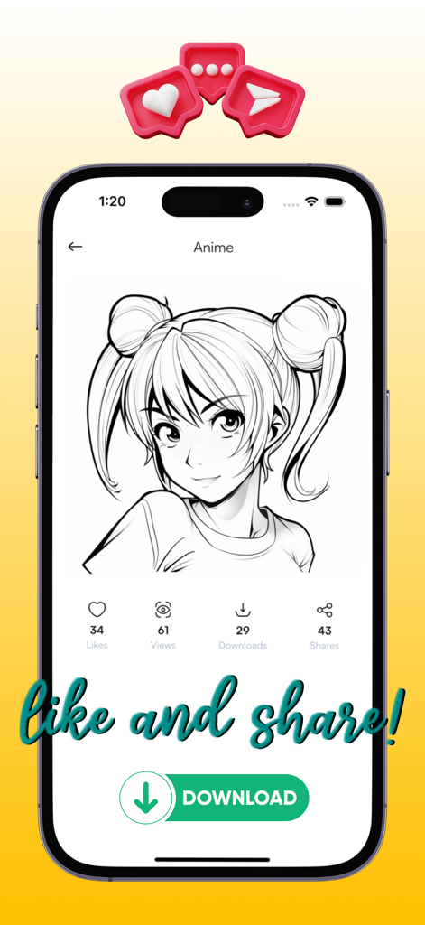AR Drawing: Sketch & Trace Art - Une capture d'écran de l'application AR Drawing sur un iPhone montrant un croquis de fille d'anime en noir et blanc avec des statistiques de réseaux sociaux et un bouton de téléchargement.