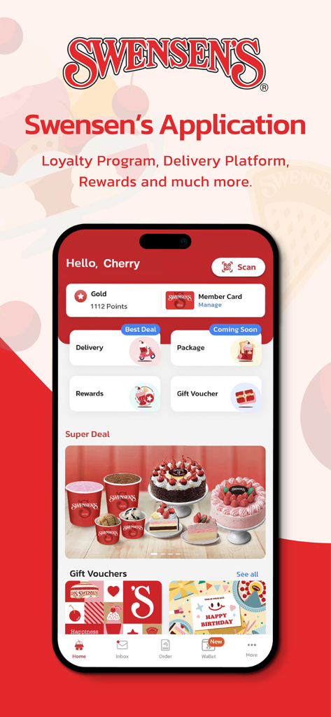 Swensen's Ice Cream mobile app interface showing loyalty points and rewards