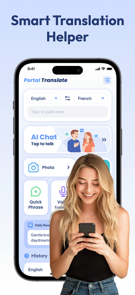 Interface of the Portal Translate app on a smartphone screen showing translation tools with a woman in the foreground